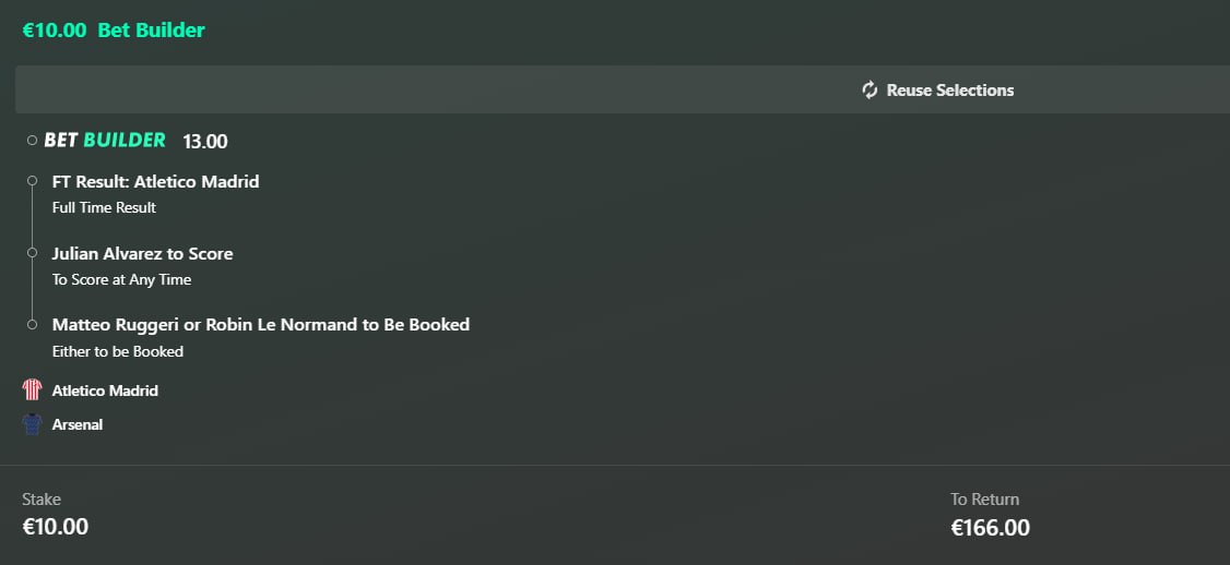 Atlético Madrid vs Arsenal bet slip