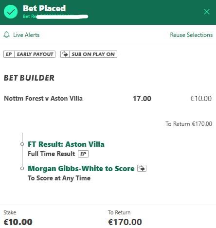 Nottingham Forest vs Aston Villa bet slip