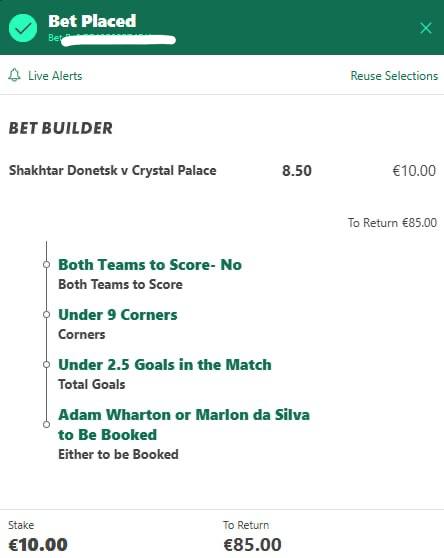 Shakhtar Donetsk vs Crystal Palace bet slip