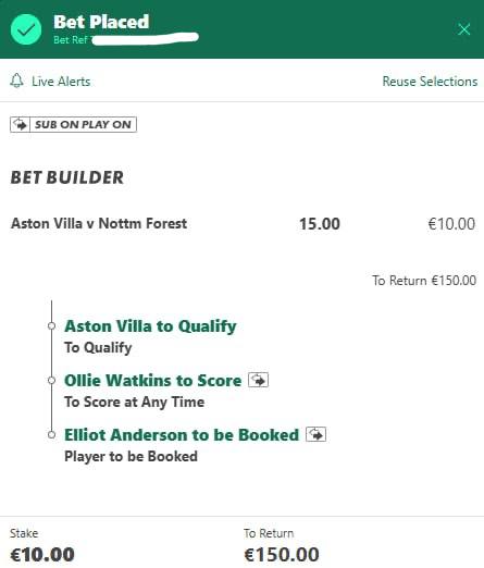 Aston Villa vs Nottingham Forest bet slip