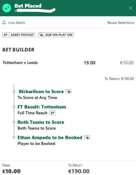 Tottenham vs Leeds bet slip