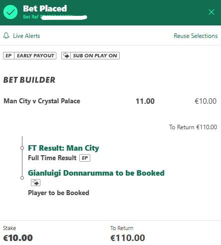 Manchester City vs Crystal Palace bet slip