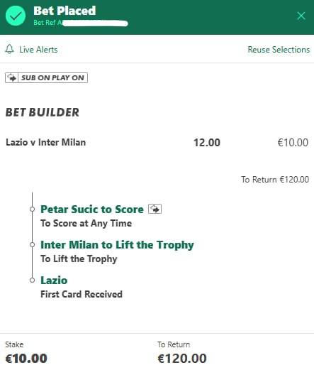 Lazio vs Inter Milan bet slip