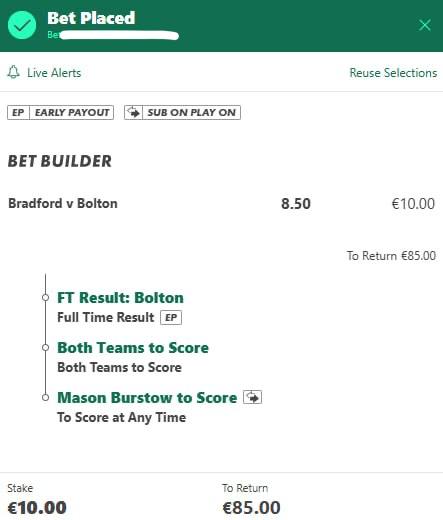 Bradford City vs Bolton Wanderers bet slip