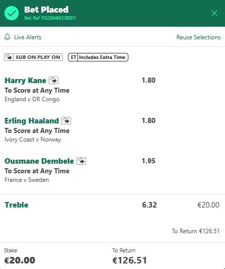Haaland, Dembele and Kane anytime scorer ACCA betting slip